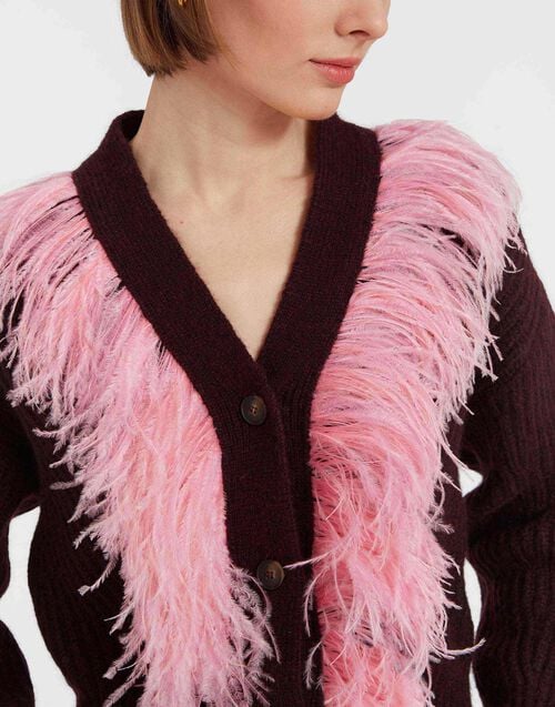 La Doublej High Kick Cardigan Bordeaux In Wool With Feathers