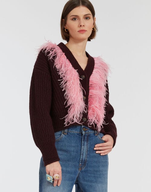 la doublej High Kick Cardigan Bordeaux in Wool With Feathers