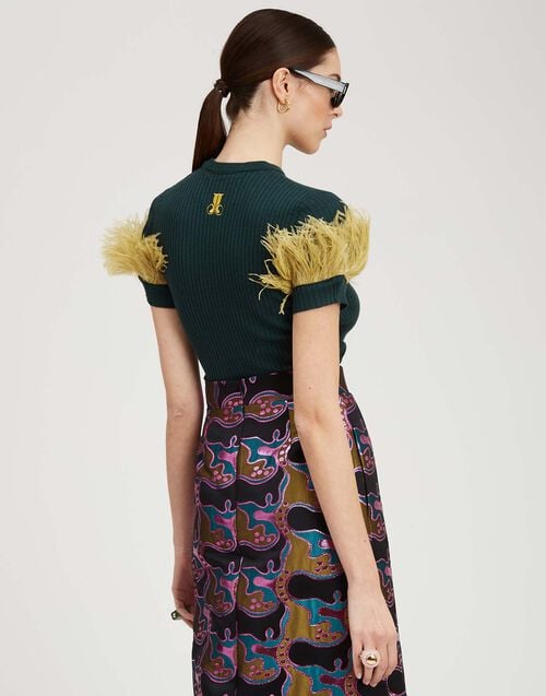 La Doublej High Kick Tee Green In Ribbed Silk Cashmere With Feathers