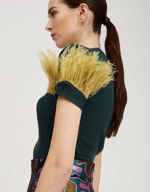 La Doublej High Kick Tee Green In Ribbed Silk Cashmere With Feathers