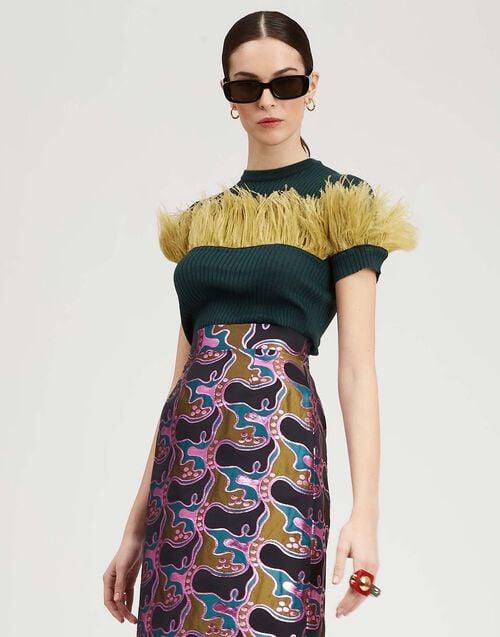 la doublej High Kick Tee Green in Ribbed Silk Cashmere With Feathers