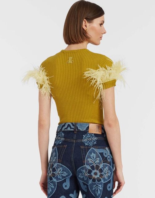 La Doublej High Kick Tee Lime In Ribbed Silk Cashmere With Feathers