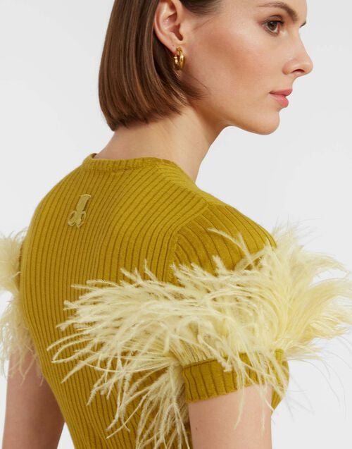 La Doublej High Kick Tee Lime In Ribbed Silk Cashmere With Feathers