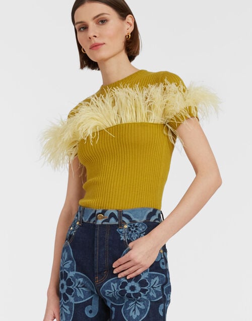 la doublej High Kick Tee Lime in Ribbed Silk Cashmere With Feathers