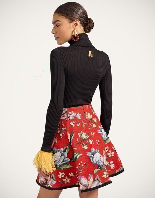 La Doublej High Kick Top Black In Ribbed Silk Cashmere With Feathers