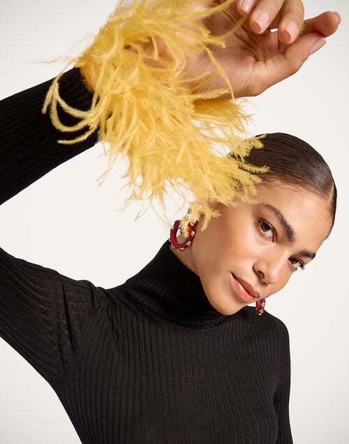 La Doublej High Kick Top Black In Ribbed Silk Cashmere With Feathers