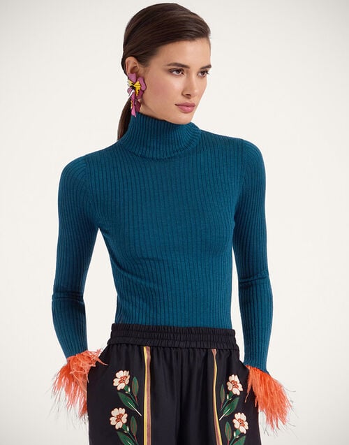 La Doublej High Kick Top Blue In Ribbed Silk Cashmere With Feathers