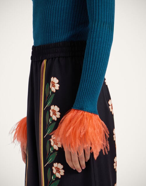 La Doublej High Kick Top Blue In Ribbed Silk Cashmere With Feathers