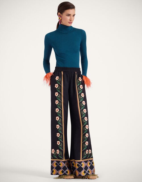 La Doublej High Kick Top Blue In Ribbed Silk Cashmere With Feathers