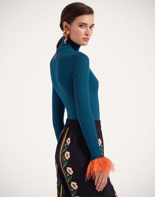 la doublej High Kick Top Blue in Ribbed Silk Cashmere With Feathers