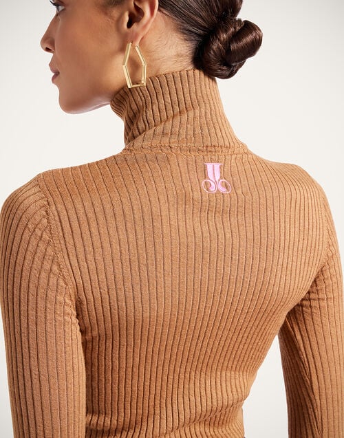 La Doublej High Kick Top Camel In Ribbed Silk Cashmere With Feathers
