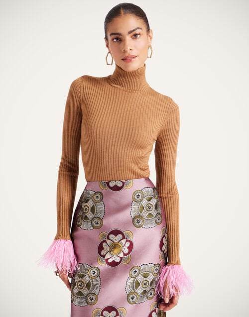 La Doublej High Kick Top Camel In Ribbed Silk Cashmere With Feathers