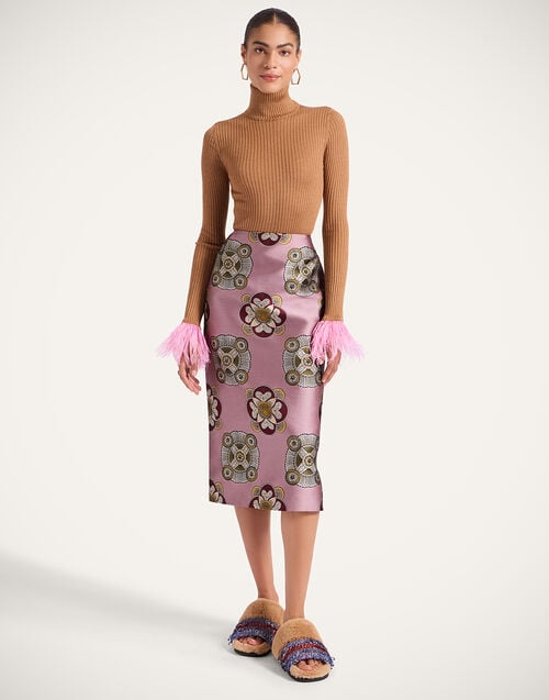 La Doublej High Kick Top Camel In Ribbed Silk Cashmere With Feathers