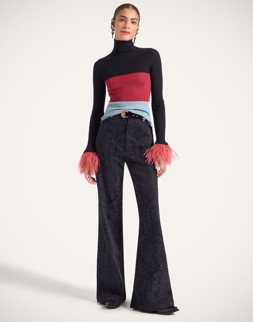 La Doublej High Kick Top Color Block Black & Burgundy In Ribbed Silk Cashmere With Feathers