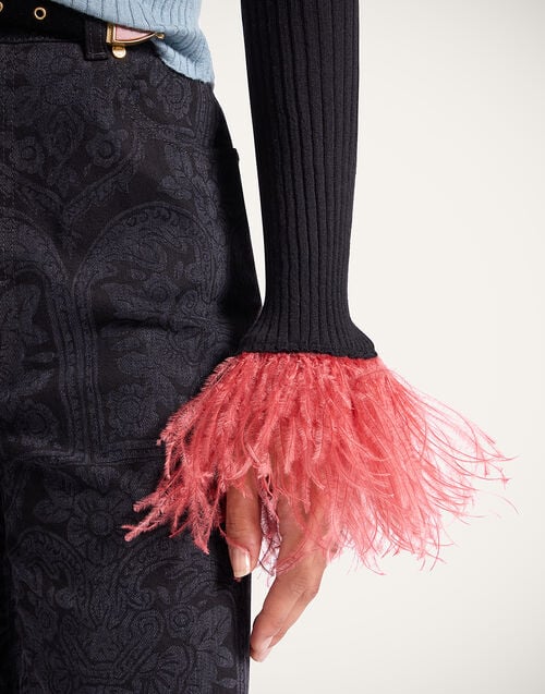 La Doublej High Kick Top Color Block Black & Burgundy In Ribbed Silk Cashmere With Feathers