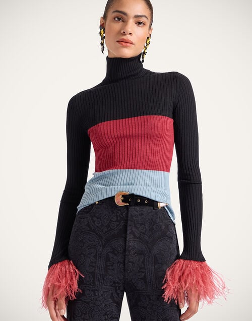 la doublej High Kick Top Color Block Black & Burgundy in Ribbed Silk Cashmere With Feathers
