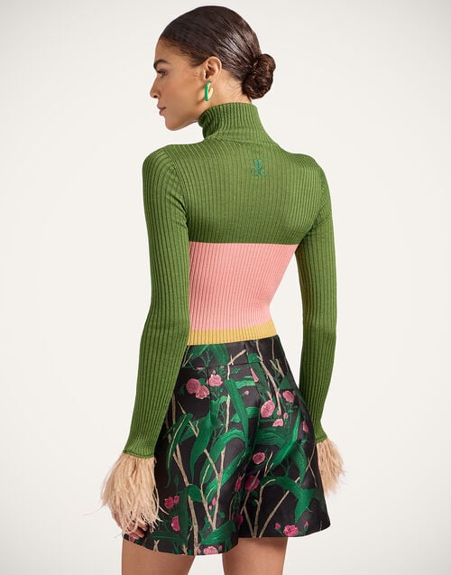 La Doublej High Kick Top Color Block Military Green & Pink In Ribbed Silk Cashmere With Feathers