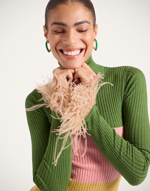 La Doublej High Kick Top Color Block Military Green & Pink In Ribbed Silk Cashmere With Feathers