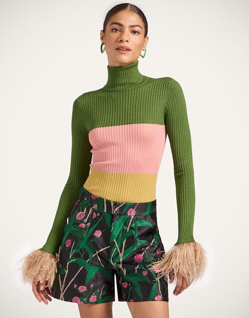 la doublej High Kick Top Color Block Military Green & Pink in Ribbed Silk Cashmere With Feathers