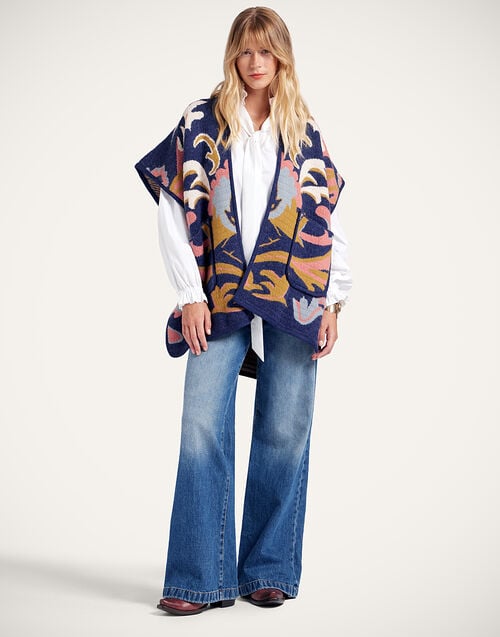 La Doublej In My Power Knit Scarf Cape Multicolor Navy & Cream In Alpaca Wool