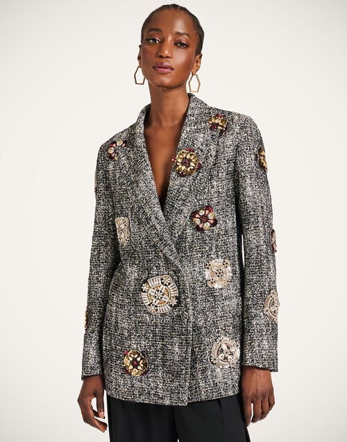 la doublej Jagger Jacket Solid Black & White in Viscose Mix Embroidery