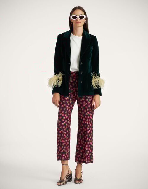 La Doublej Keaton Jacket Blue Petrol In Velvet With Feathers