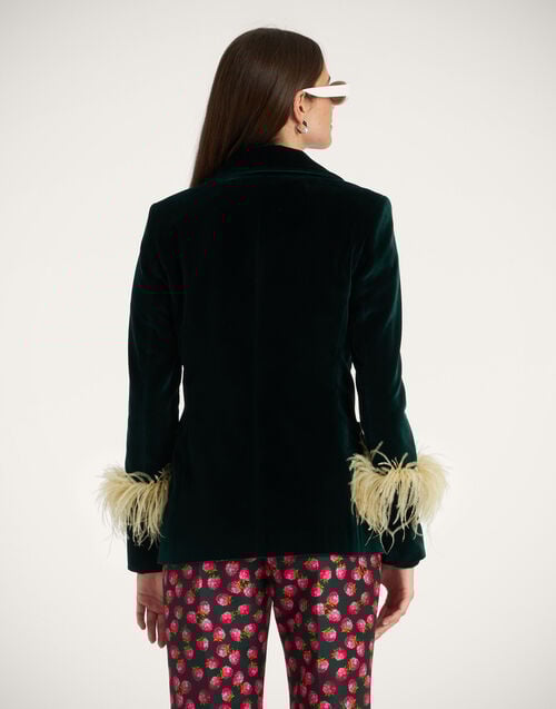 La Doublej Keaton Jacket Blue Petrol In Velvet With Feathers