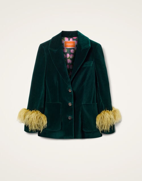 La Doublej Keaton Jacket Blue Petrol In Velvet With Feathers
