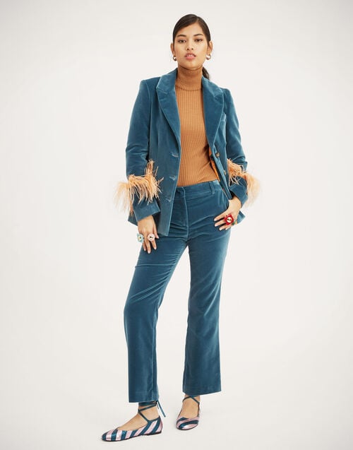 La Doublej Keaton Jacket Light Blue In Velvet With Feathers