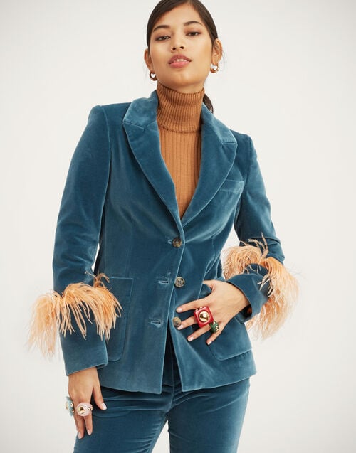 La Doublej Keaton Jacket Light Blue In Velvet With Feathers