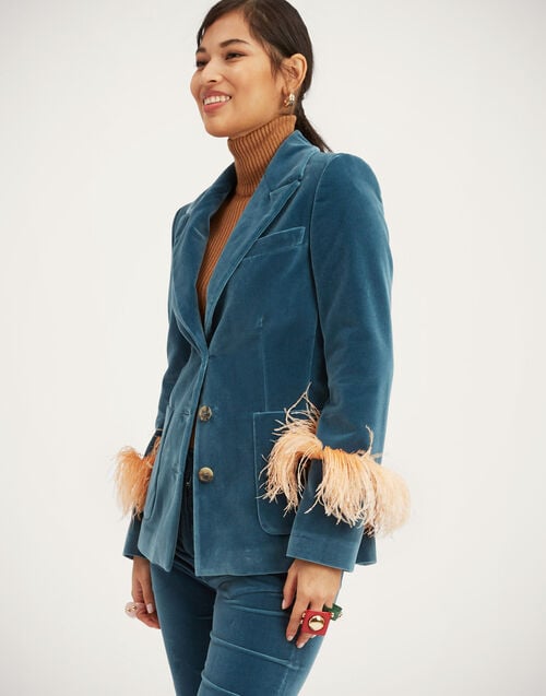 la doublej Keaton Jacket Light Blue in Velvet With Feathers