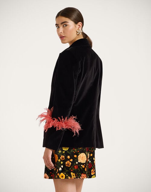 La Doublej Keaton Jacket Solid Black In Cotton Velvet With Feathers