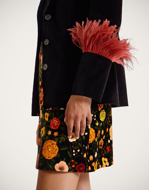 La Doublej Keaton Jacket Solid Black In Cotton Velvet With Feathers