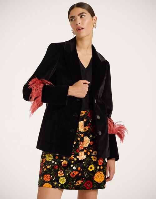 la doublej Keaton Jacket Solid Black in Cotton Velvet With Feathers
