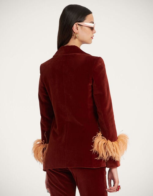 La Doublej Keaton Jacket Terracotta In Velvet With Feathers