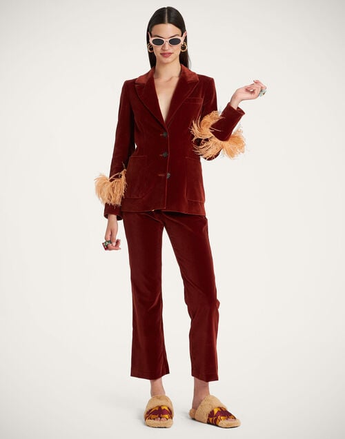 La Doublej Keaton Jacket Terracotta In Velvet With Feathers
