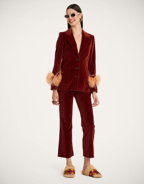 La Doublej Keaton Jacket Terracotta In Velvet With Feathers