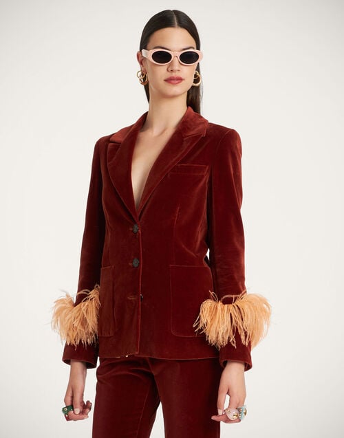 la doublej Keaton Jacket Terracotta in Velvet With Feathers