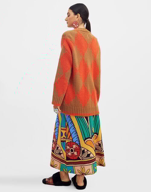 La Doublej Argyle Cardigan Camel & Orange In Wool