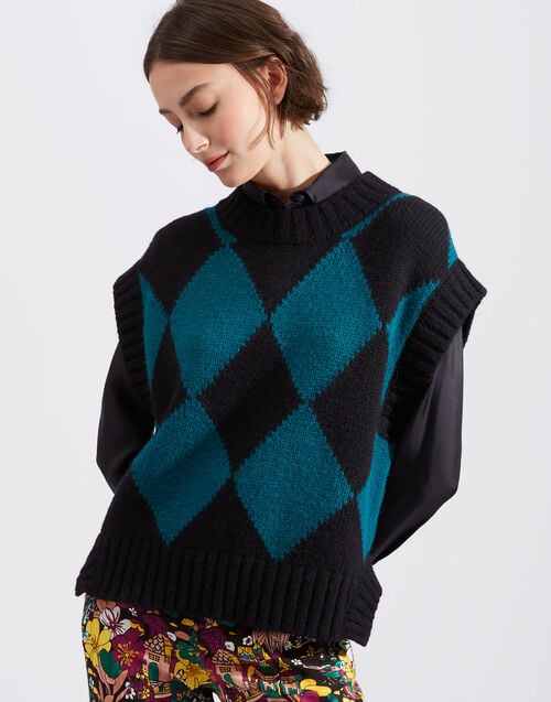 la doublej Argyle Gilet Black / Green in Wool