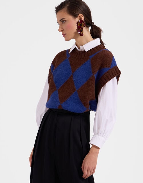 la doublej Argyle Gilet Bordeaux/Blue in Wool