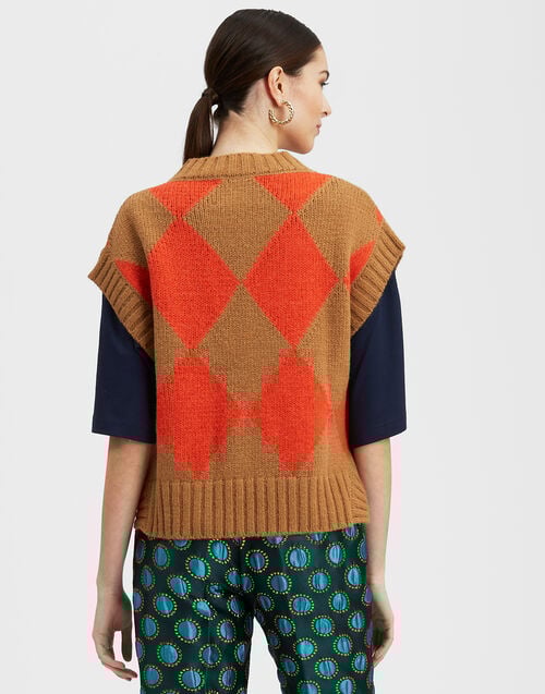 La Doublej Argyle Gilet Camel / Orange In Wool