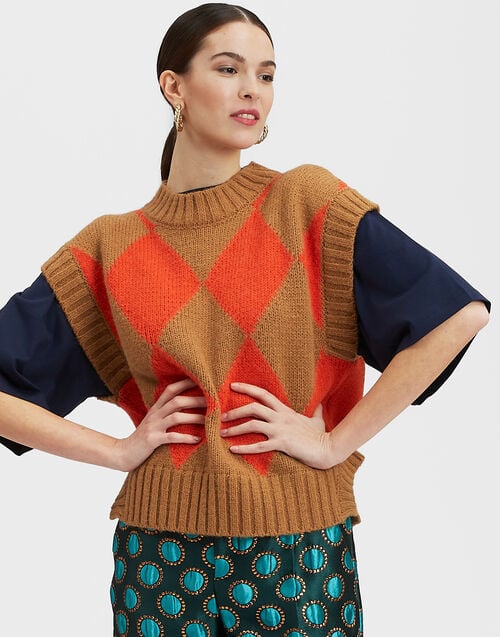 la doublej Argyle Gilet Camel / Orange in Wool