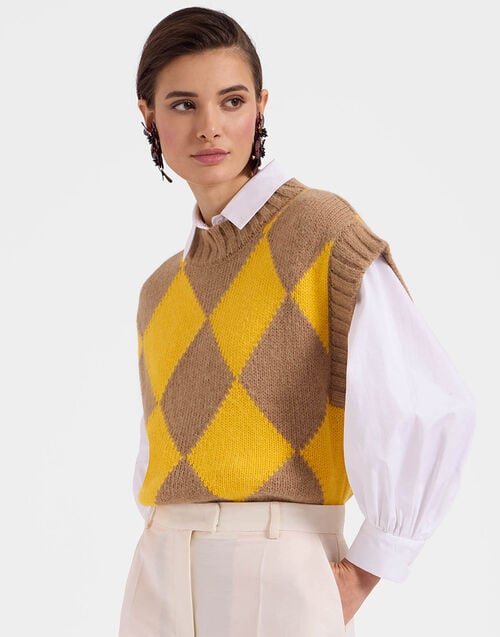 la doublej Argyle Gilet Camel/Yellow in Wool