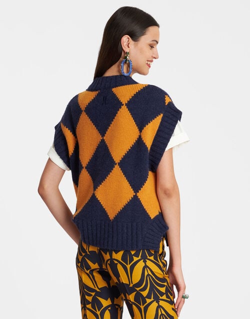 La Doublej Argyle Gilet Navy & Yellow In Wool