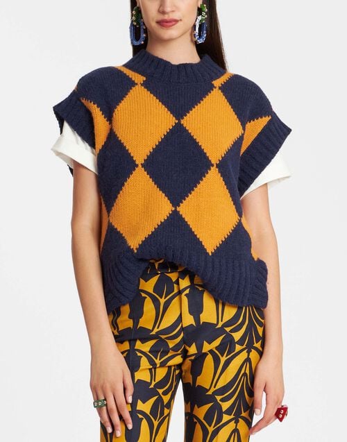 la doublej Argyle Gilet Navy & Yellow in Wool