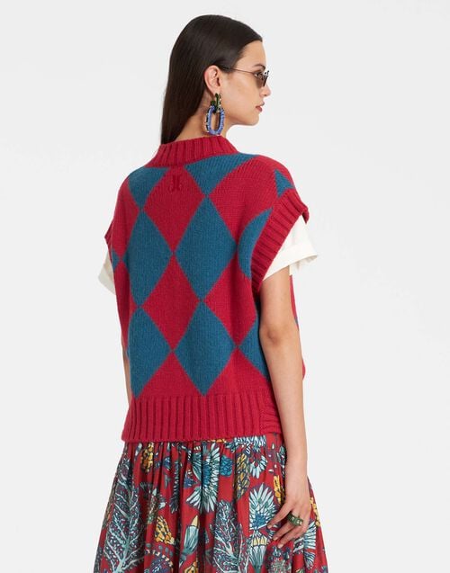 La Doublej Argyle Gilet Red & Blue In Wool