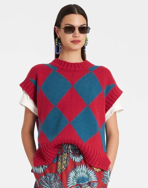 la doublej Argyle Gilet Red & Blue in Wool