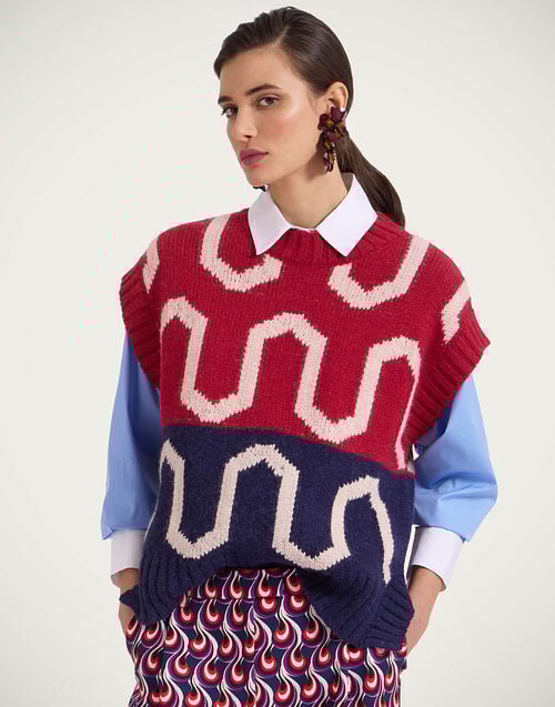 la doublej Comber Gilet Burgundy & Blue in Wool