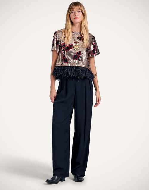 La Doublej La Scala Tee Primrose Bronze In Paillettes With Feathers